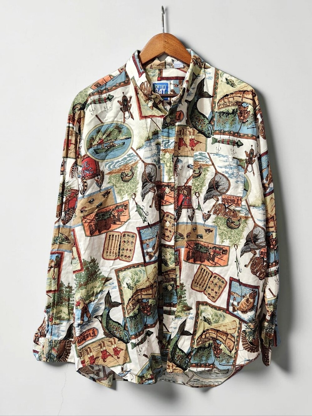 90s Bimini Bay Fishing All Over Print Shirt Mens XL Earth Tone Long Sleeve Gorp